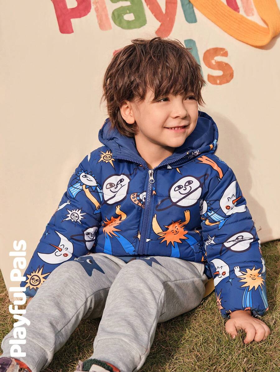 SHEIN 1 pieza Abrigo de invierno para niño pequeño con estampado de planeta divertido, lindo/vintage/casual/para casa/para exteriores en invierno/otoño - Azul Marino - Ver 1