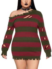 ROMWE Grunge Punk 圣诞节大码长款破洞红黑条纹套头毛衣