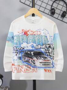 SHEIN 1 件年轻男孩休闲汽车和字母渐变印花长袖 T 恤，适合外出、上学、日常聚会、派对、秋冬季 - 白色 - 查看 9