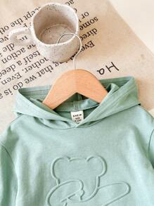 SHEIN 2 件套女婴可爱针织卡通熊图案压花长袖连帽运动衫和松紧腰喇叭裤套装，适合外出和居家 - 綠色 - 查看 5