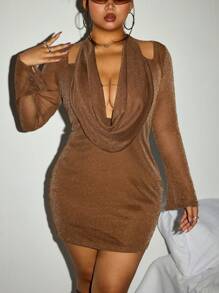 SHEIN ICON Plus Size Women Icon Pattern Halter-Neck, Knit Long Sleeve Dress - Brown - View 5