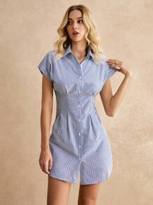 SHEIN Frenchy Vestido informal de rayas sin mangas para mujer con silueta en línea A, vestido de algodón de verano con tela cómoda, ropa de oficina, vestidos casuales para mujer, vestido pastel victoriano con botones, estilo camisa, vestido con cintura ajustada - azul real - Ver 7