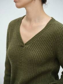 SHEIN LUNE Women V-Neck Ribbed Knitted Sweater, Casual Daily Wear, Autumn/Winter Fall - Army Green - View 5