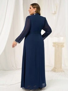 Coutiva 大码优质亮片珍珠袖口正式晚礼服，派对奢华晚礼服舞会礼服，带亮片和珍珠袖口，婚礼宾客礼服 - 藏蓝色 - 查看 2