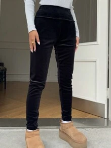 SHEIN EZwear Solid Flannel Wide Waistband Leggings - Black - View 5