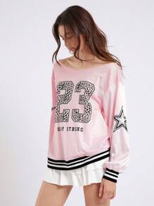 SHEIN EZwear Casual Sports V-Neck Long Sleeve Knitted Pink Mesh Jersey Sweatshirt With Letter & Number Print And Drop Shoulders For Ball Games