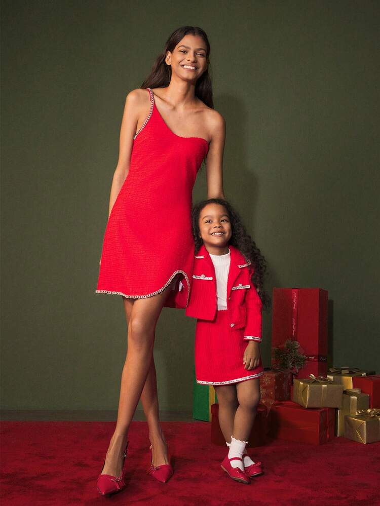 3pcs/Set Young Girl Long Sleeve T-Shirt, Mock Neck Jacket, And Mini Skirt Set, Suitable For Christmas