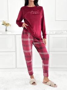 SHEIN Cottnline Women Velvet Injection Slogan Printed Shirt And Plaid Pattern Bottom Homewear Lounge Set - Burgundy - View 4