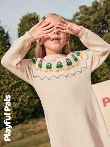 SHEIN 1 Pc Young Girls Sweater Dresses Fun Jacquard Cute/Retro/Casual/Home/Outdoor Winter/Fall Outfits Little Girl Clothes/Young Girl Fall Clothes, For Christmas