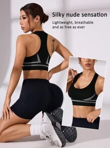 SHEIN Sutien sport fără cusături de culoare contrastantă pentru femei pentru fitness de zi cu zi