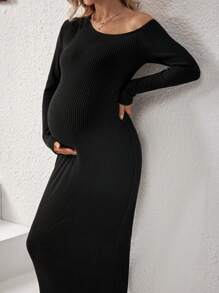 SHEIN Maternity Black Bodycon Dress, Long Sleeve, For Pregnant Women, Fall/Winter - Black - View 3