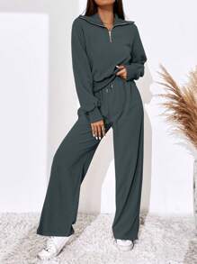 SHEIN Essnce Bộ 2 món áo hoodie trễ vai đơn giản, màu trơn, có khóa kéo nửa đầu, áo nỉ và quần ống đứng cho nữ - Màu xám đen - Xem 5