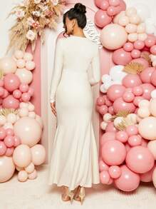 Loomaby Gender Reveal Long Sleeve Dress Maternity Elegant Simple Solid Color V-Neck Twist Front Fishtail Hem Fitted Long Sleeve Dress For Baby Shower Long Sleeve Dress For Maternity, For Maternity Dress