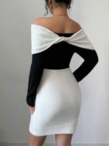 Chiquease 2024 Autumn/Winter Fashion Off-Shoulder Black And White Splice Fitted Knit Dress
