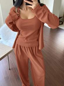 DAZY 3 件套简约针织天鹅绒吊带背心开衫和裤子家居服秋冬睡衣