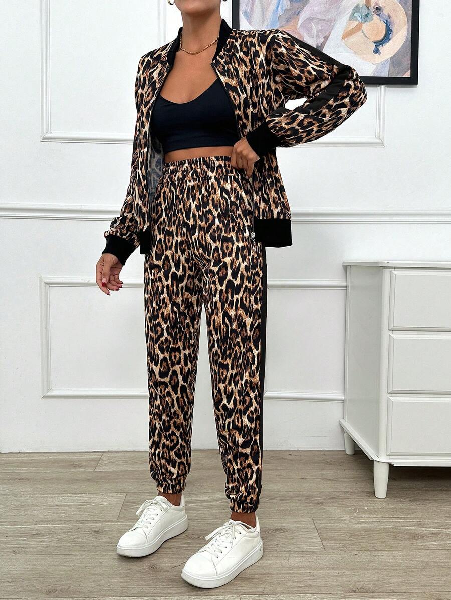 EURMUSE Leopard Printed Red Line Detailed Two Pieces Sets - Black - View 1