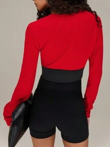 SHEIN Unity Hook And Eye Contrast Waist Panel Long Sleeve Plunge Top New Years Fall Cloth For Women - Red and Black - View 2