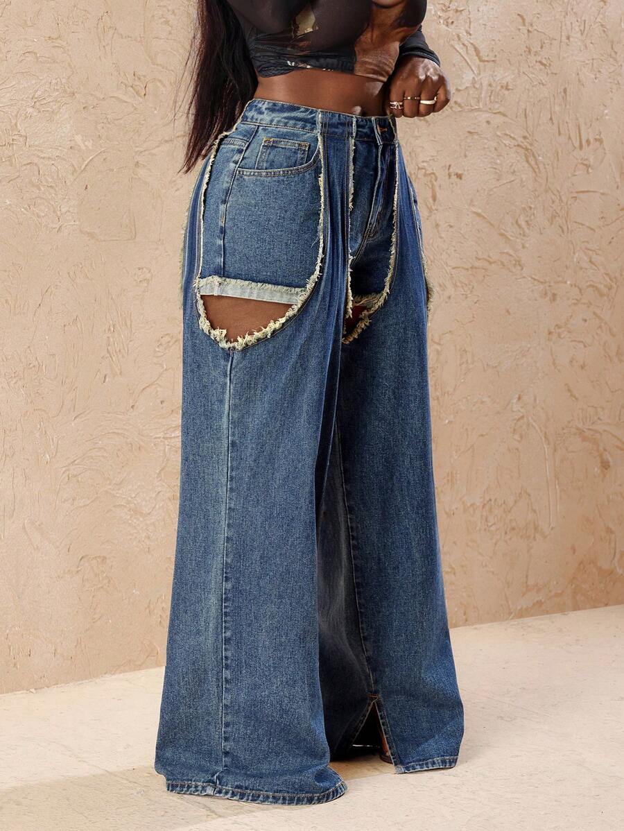 Slaydiva Women Fashion Patchwork Fringe Cutout Wide Leg Loose Casual Jeans Pants - Blue - View 1