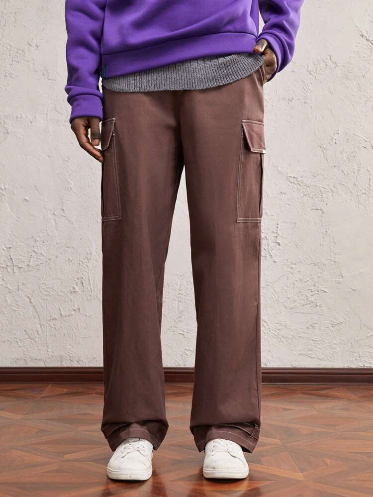 Men Loose Straight Leg Casual Pants, Mid-Rise, Suitable For Daily Wear