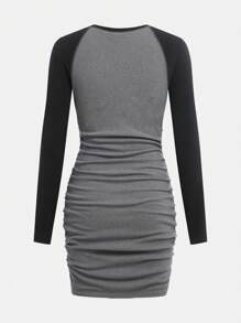 Girlism Adolescente fete tricot colorblock cu talie mulata cu maneci bufante cu volane rochie sport casual pentru toamna, intoarcere la scoala