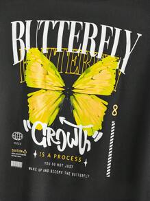 Manfinity VCAY Loose Men's Slogan & Butterfly Print Kangaroo Pocket Hoodie - Black - View 4