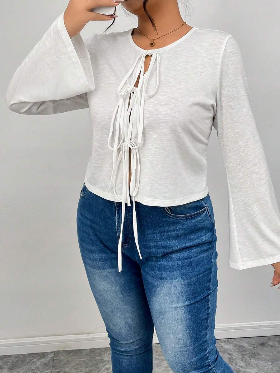 SHEIN Frenchy Casual White Front-Tie Plus Size T-Shirt, Flare Sleeve Design, Autumn - White - View 1