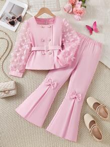 Tween Girls 2pcs Minimalist Blazer Design Jacket & Extra Long Flare Pants Set With Mesh Fabric