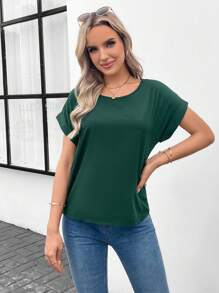SHEIN LUNE Rolled Cuff Batwing Sleeve Blouse - Dark Green - View 1