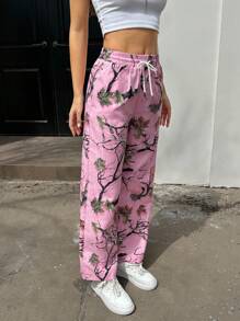 INAWLY Pantalones rectos de mujer informales con estampado de hojas rosadas