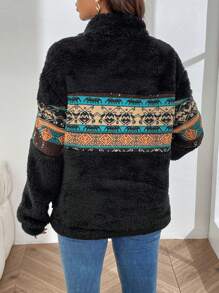 SHEIN Fair Isle Print Color-Block Bubble Fleece Casual Maternity Hoodie