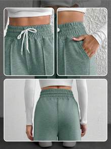 Cottnline Petite Drawstring Waist Wide Leg Pants - Mint Green - View 6