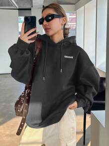 DAZY Women's Casual Slogan Printed Dropped Shoulder Loose Drawstring Hooded Long Sweatshirt, Autumn