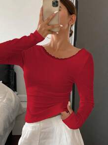 DAZY Women's Autumn Contrast Lace Backless Form-Fitting T-Shirt Top , Simple & Stylish,Halter Top Long Sleeve Women Tops,Fall Women Clothes - Red - View 2