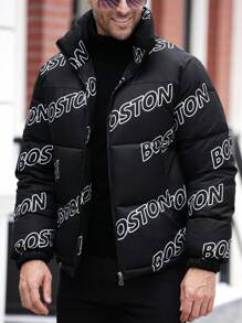 Manfinity Homme Men's Letter Print Zip-Up Padded Coat - Black - View 8