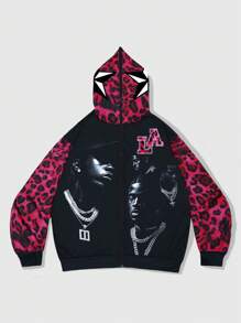 ROMWE MEN Street Life Leopard & Portrait Print Casual Hooded Zip-Up Long Sleeve Sweatshirt - Multicolor - View 1