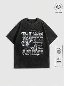 ROMWE MEN Street Life 男款蝴蝶印花落肩 T 卹 - 黑色 - 查看 1