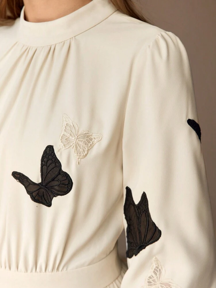MOCK NECK EMBROIDERY BUTTERFLY PATTERN LONG DRESS