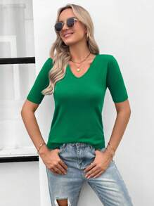 EMERY ROSE Top de punto unicolor de cuello V