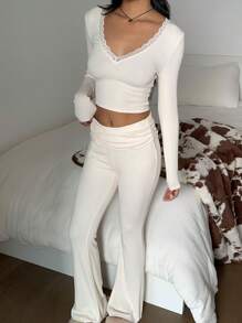 SHEIN EZwear Vrouwen V-hals Bodycon Top met lange mouwen en wijde broek 2-delige set, ribgebreid, comfortabel om thuis te dragen, herfst/winter