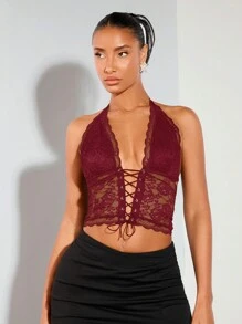 SHEIN BAE Sexy Lace Halter Crop Top , Country Concert Rave Festival Summer - Burgundy - View 5