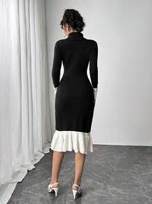 SHEIN Unity Robe longue en maille à col roulé de style français, ajustée à la taille, coupe slim, pour l'automne/l'hiver - Noir - Voir 2