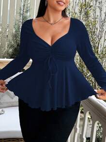 Vionelle 大码甜心领前抽绳罗纹长袖 T 恤 - 藏蓝色 - 查看 7