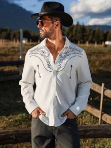 Manfinity Nomadique Men's Casual Patterned Print Button-Up Long Sleeve Shirt, Autumn - White - View 7