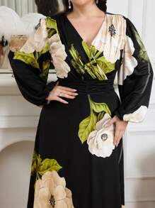 Modelyn Plus Size Women Floral Print V-Neck Lantern Sleeve Long Elegant Dress Long Evening Dresses