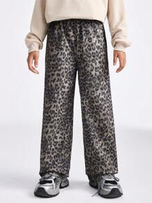 SHEIN Tween Girl Fall/Winter Back To School/Basic Leopard Brown Straight Leg Pants - Brown - View 4