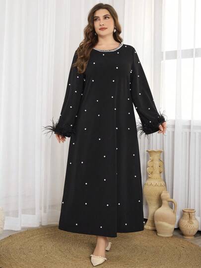 Al Najma Elegant Round Neck Beaded Twist Yarn Plus Size Dress, Modest Elegant A Line Maxi Dresses, For Casual Daily
