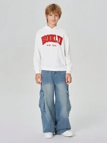 SHEIN Moletom com capuz casual solto com estampa de letras para meninos pré-adolescentes, adequado para uso diário na primavera/outono