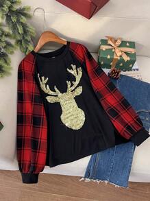 SHEIN Frenchy Camiseta de manga larga holgada de talla grande con parche de cuadros a cuadros, top navideño