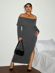 SHEIN ICON 1 件女式加大码露肩长袖紧身连衣裙，侧开衩长裙 - 灰色 - 查看 5