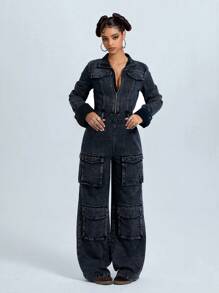 SHEIN ICON Bộ đồ liền thân denim rộng thùng thình thường ngày Jeanoix dành cho nữ, mùa thu - Màu xám đen - Xem 1